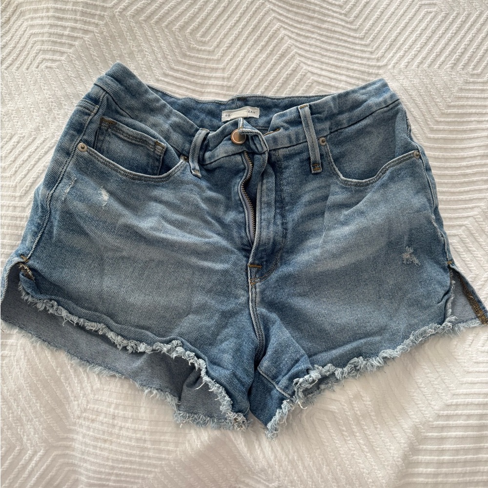 Good American Blue Jean Shorts High-Waisted Frayed
